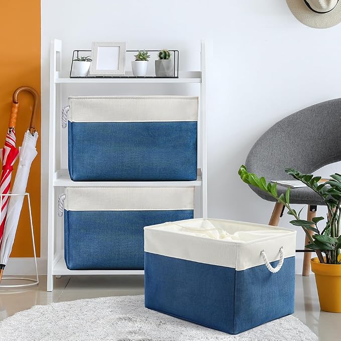 Organization and Storage Basket for Shelves - Jumbo 3 Pack 20x16x14 inch Collapsible Storage Bins for Organizing, Canves Storage Cubes for Gift Organizer Toys Closet (White & Jean Blue) - Image 2