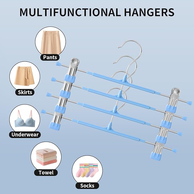 Pants Skirt Hangers with Clips, 10 Pack, Sky Blue, 12 Inch | Non-Slip,Adjustable metal wide clips,Space-Saving,Heavy duty, for pants/skirt/dress/trousers/jeans/shorts/leggings,Women - Image 4