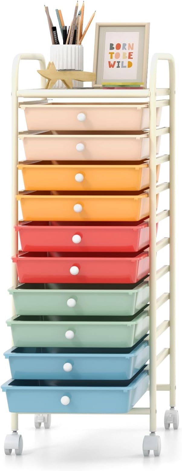 GOFLAME 10-Drawer Rolling Storage Drawer Cart, Utility Cart with Removable Drawers & Metal Frame, Mobile Art Craft Drawer Cart with Lockable Wheels for Home, Office, Studio, School, Macaron Color by GOFLAME