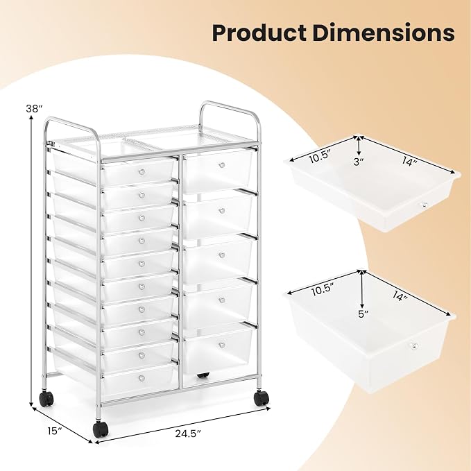 DREAMADE 15-Drawer Rolling Storage Cart, Mobile Craft Cart, Clear | Utility Organizer with Lockable Wheels, Removable Plastic Drawers and Metal Frame for Home Office, Classroom and Studio - Image 3