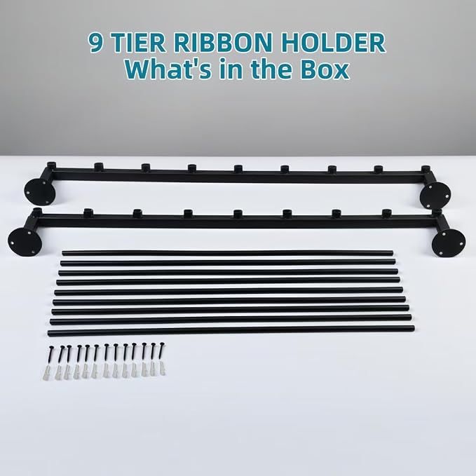 9 Tier Wall Mount Ribbon Organizer, Craft Room Storage Rack | Wrapping Paper Storage for Sewing Craft Mesh Thread Tape Wreath Crochet Craft Room Flower Shop(Black) - Image 6
