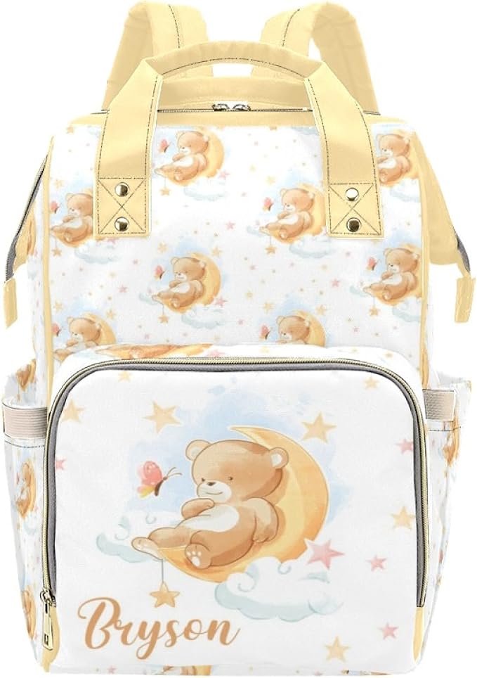 Custom Diaper Bag with Name Personalized Bear Nylon Travel Backpack for Holiday Travel Customized Nappy Changing Bag with Pockets for New Mom by Noverbibi