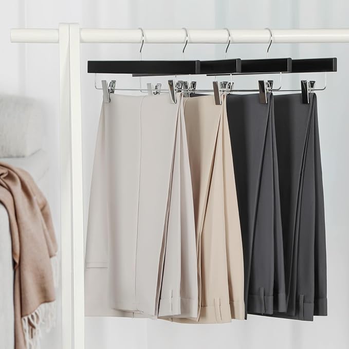 TOPIA HANGER Black Wood Pants Hangers, Wooden Skirt Short Jeans Trouser Hanger with Smooth Surface 360° Swivel Hook Anti Rust 2 Adjustable Clips, 20 Pack, CT10PB20 - Image 2