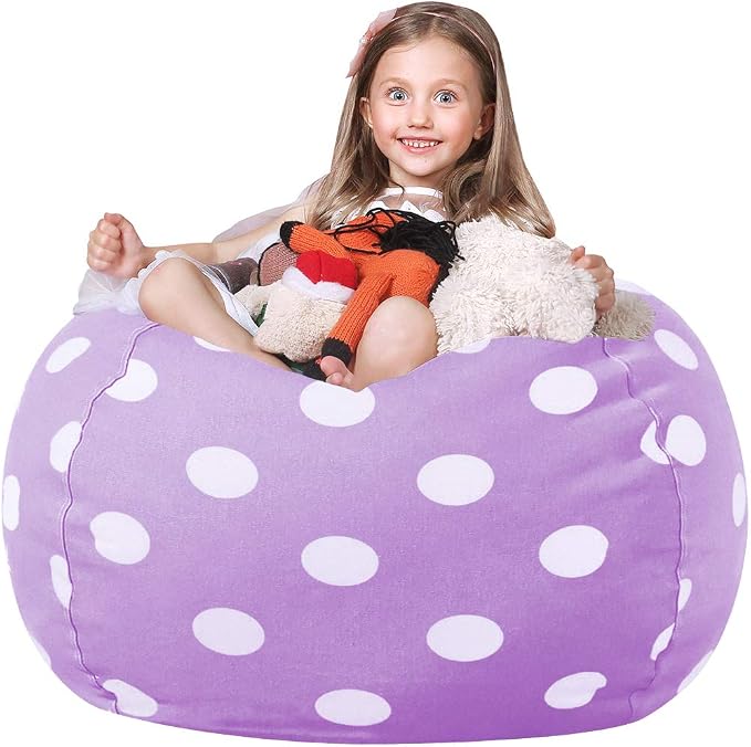 WEKAPO Stuffed Animal Storage Bean Bag Chair Cover for Kids | Stuffable Zipper Beanbag for Organizing Children Plush Toys Large Premium Cotton Canvas (Purple Dot, X-Large) by Wekapo