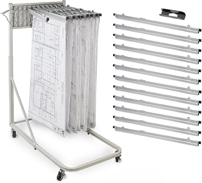 Adir Blueprint Rack and Clamps - 12 Pack of 30 Inch Blueprint Clamps and Mobile Blueprint Rack - Heavy-Duty Large Document Storage Solution for Blueprints, Posters, Maps, & Construction Plans by Adir+Corp.
