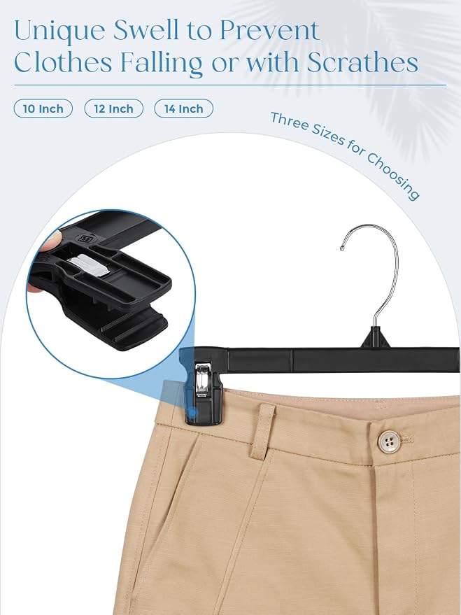 Smartor Black Pants Hangers 30 Pack, Skirt Hangers with Clips, 12 Inch | Non-Slip Clips, 360° Swivel Hooks, Versatile Plastic Clip Hangers for Shorts, Trousers, Jeans, Skirt, Pants, Leggings - Image 7