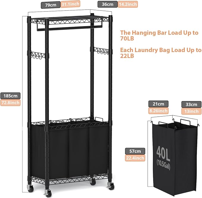 Hodonas Rolling Laundry Basket with Wheels and Hanging Bar, Black | 3 Section, with 3 Removable Bags, with 2 inches Wheels, Suitable for Storing Clothes in Laundry Bedroom Bathroom - Image 4