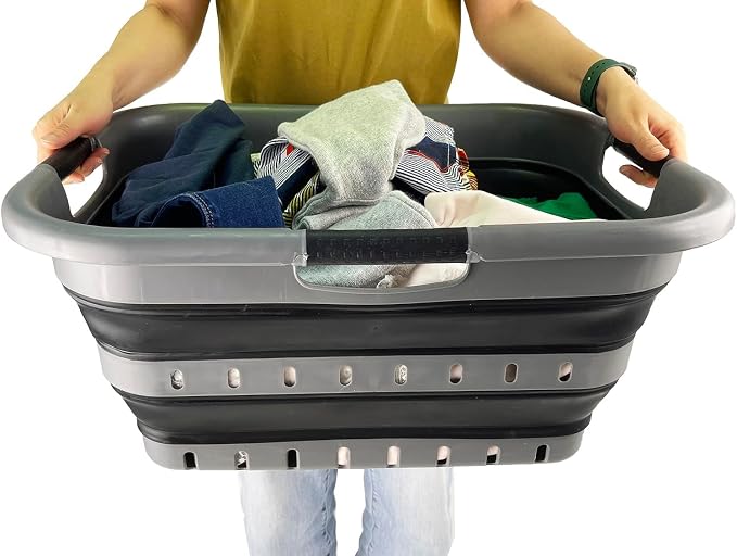 SAMMART 41L (10.8 gallon) Set of 2 Collapsible 3 Handled Plastic Laundry Basket-Foldable Pop Up Storage Container/Organizer-Portable Washing Tub-Space Saving Hamper/Basket (2, Grey/Black) - Image 4