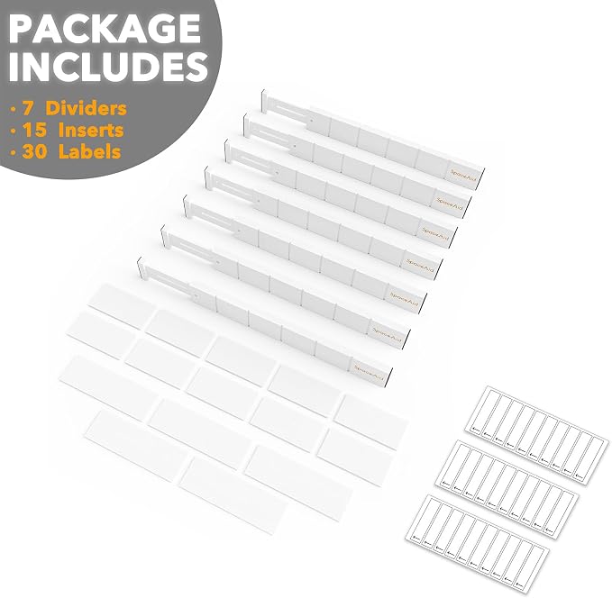 SpaceAid Bamboo Drawer Dividers with Inserts and Labels, Kitchen Adjustable Drawer Organizers, Expandable Organization for Home, Office, Dressers, 7 Dividers with 15 Inserts (17"-22" White) - Image 7