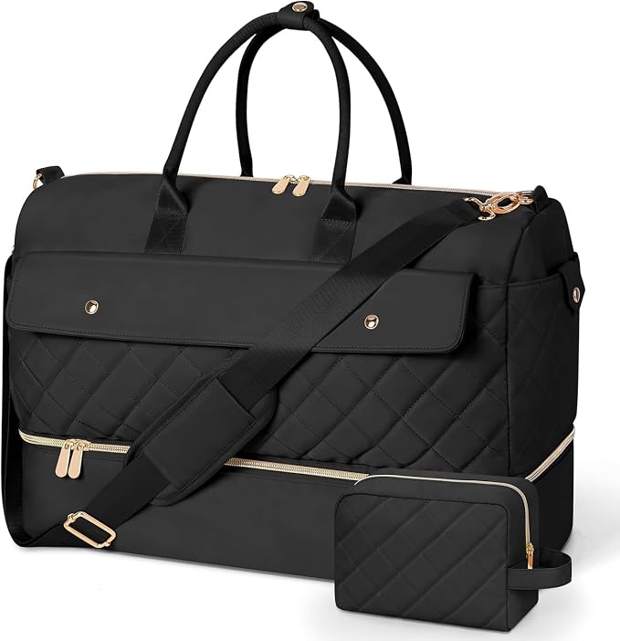 Weekender Bags for Women, Extra Large Travel Duffel Bag with Shoe Compartment, Carry on Overnight Bag with Toiletry Makeup Bag, Gym Bag Travel Tote Bag for Travel Gym Camping Hospital, Black by Wedama