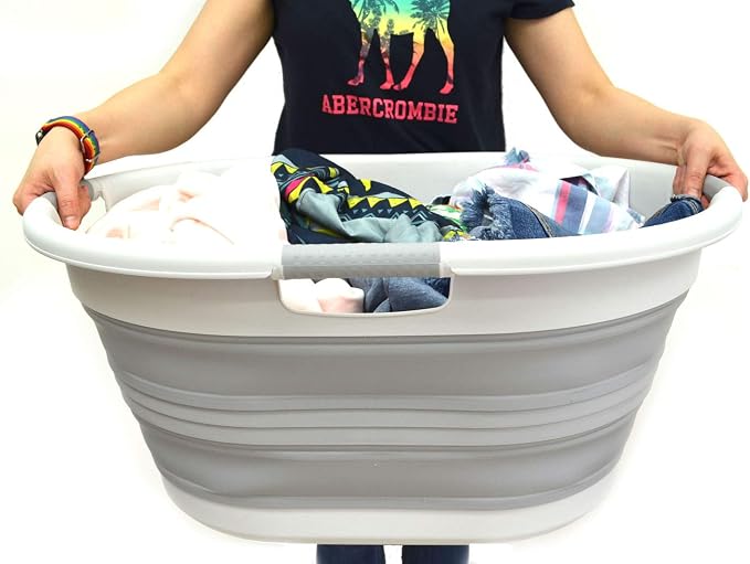 SAMMART 57L (15 Gallons) Collapsible 3-Handled Plastic Laundry Basket - Oval Tub - Portable Washing Tub-Space Saving Laundry Hamper, Water Capacity 44L / 11.6 Gallon (1, Grey) - Image 3