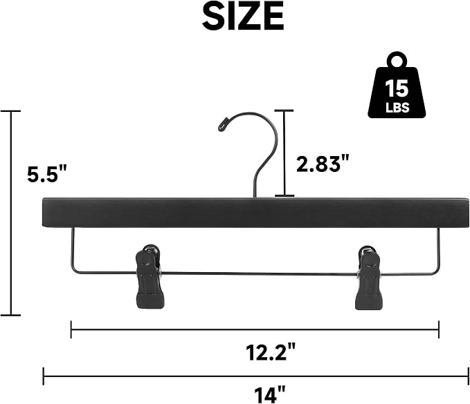 14" Wood Pants Hangers with Adjustable Non-Slip Clips, Black, 12-Pack | Solid Wood Material, Bottom Hangers with 360° Swivel Hook, Space Saving Hangers for Skirts, Slacks, Trousers, Jeans - Image 2