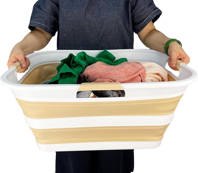 SAMMART 42 (11 Gallons) Collapsible Plastic Laundry Basket, Foldable Pop Up Storage Container/Organizer, Space Saving Hamper, Portable Bin for Dorm Room Bathroom (2, Starry Blue+Beige) - Image 7