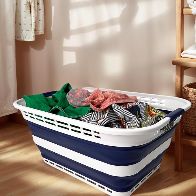 SAMMART 42L (11 Gallons) Collapsible Plastic Laundry Basket - Foldable Pop Up Storage Container/Organizer - Portable Washing Tub - Space Saving Hamper/Basket [BPA Free] (White/Starry Blue (Set of 2)) - Image 5