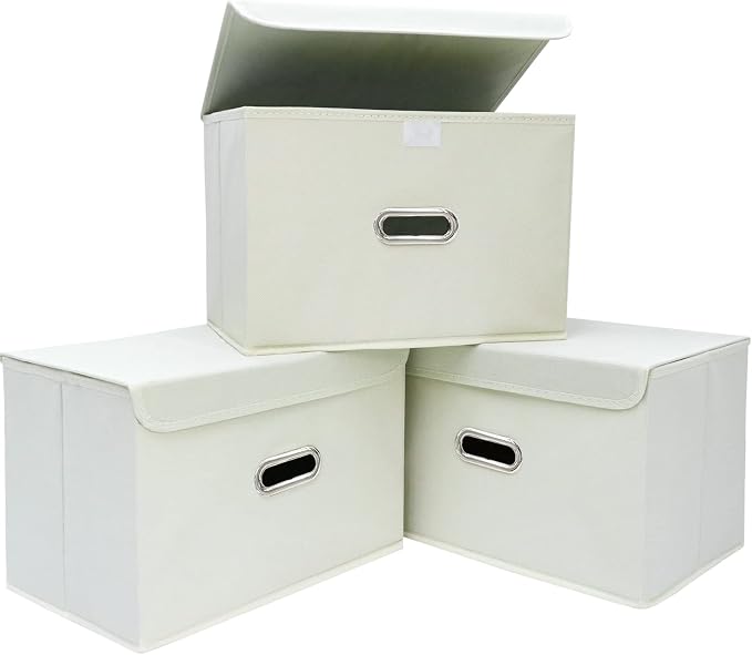 Linen Fabric Foldable Collapsible Storage Cube Bin Organizer Basket Fabric Storage Bins with Lid, Leather Handles, Removable Divider for Home, Closet, Creamy-White by SEVENDOME