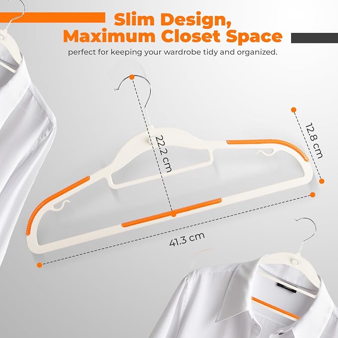 Lightweight White Plastic Hangers 10 Pack with Cascading Hook, Space Saving Thin, Closet Organizer, Orange Anti-Slip Pads, 360° Swivel, Tie Holder - Image 3