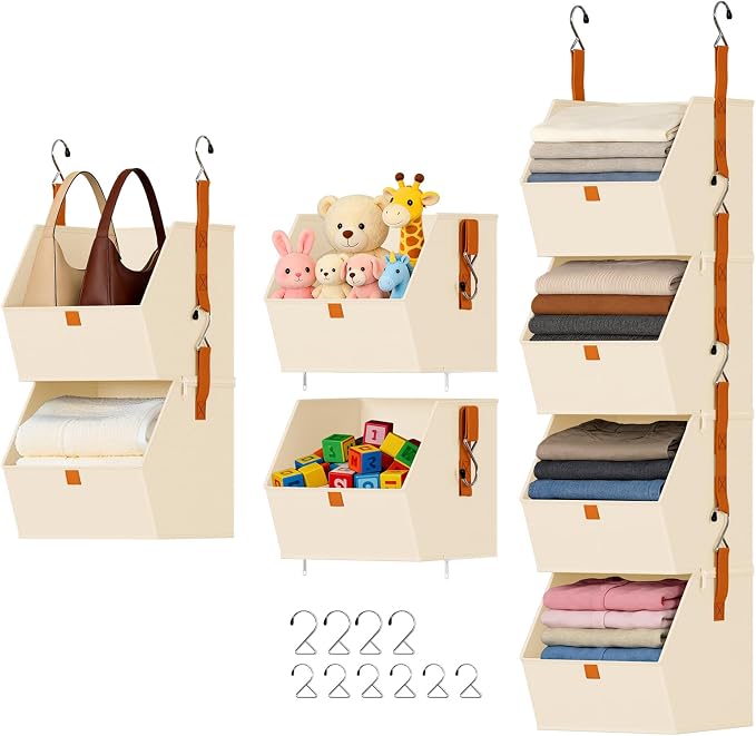 DIMJ Hanging Closet Organizer - 4 Tier Collapsible Hanging Shelves with Hooks Zipper, Fabric Clothes Organizer, Space-Saving Storage Bin Basket for RV, Bedroom, Laundry Organization by DiMJ