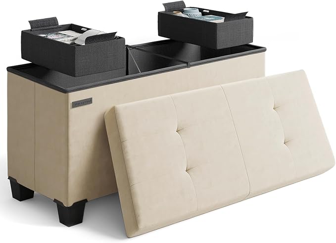 Storage Ottoman Bench with Bins, 30-in Storage Bench for Bedroom End of Bed, Folding Foot Rest Ottoman for Living Room Max 660lbs, Velvet Ottomans, Beige by STORAGEBUD