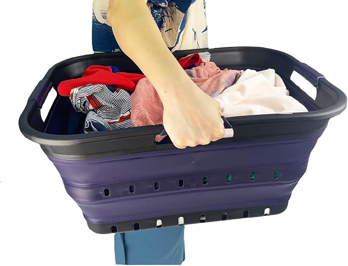 SAMMART 42 (11 Gallons) Collapsible Plastic Laundry Basket, Foldable Pop Up Storage Container/Organizer, Space Saving Hamper, Portable Bin for Dorm Room Bathroom (1, Black/Dark Purple) - Image 7