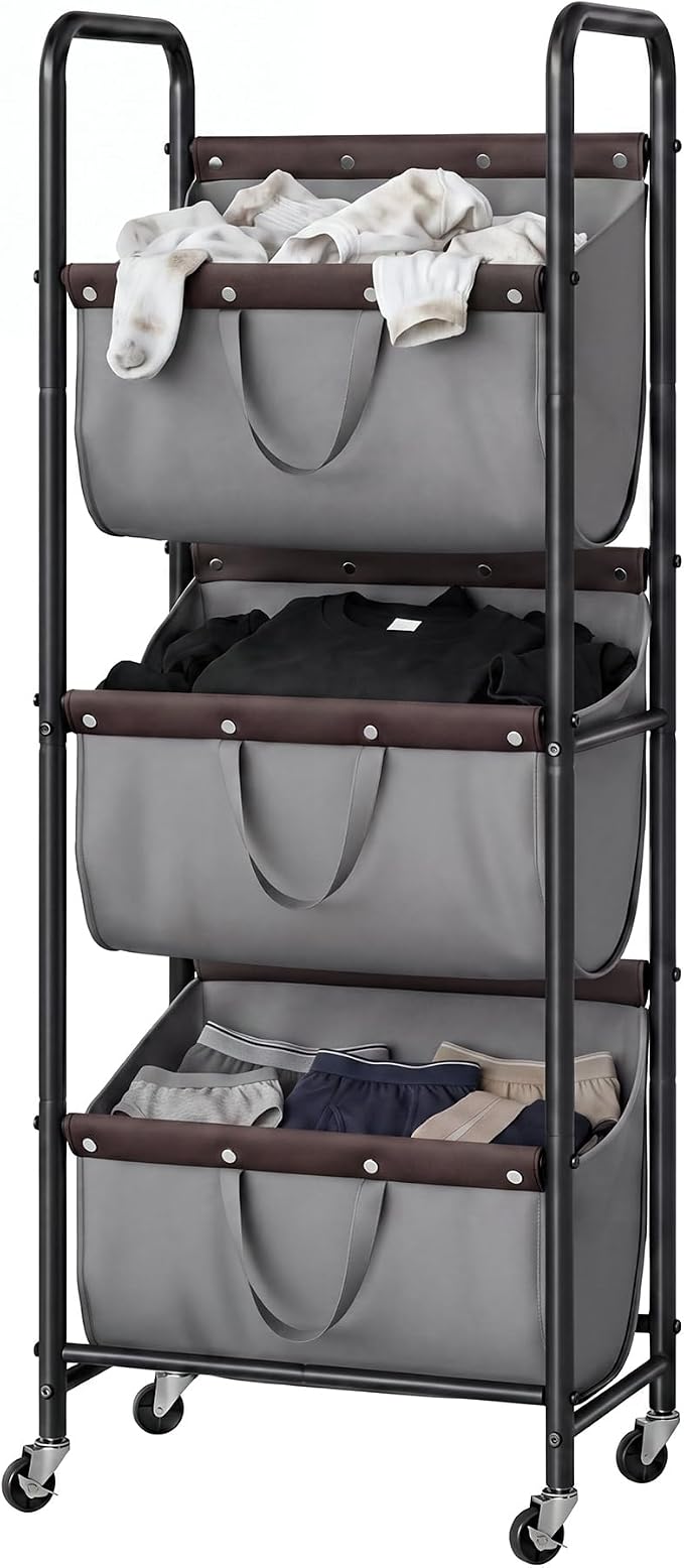 GRANNY SAYS 3 Tiered Laundry Sorter, Narrow Hamper Cart with Wheels | Sturdy 3 Section Laundry Basket with Wheels, Vertical Grey Hamper Cart for Bedroom, Bathroom, Apartment by GRANNYSAYS