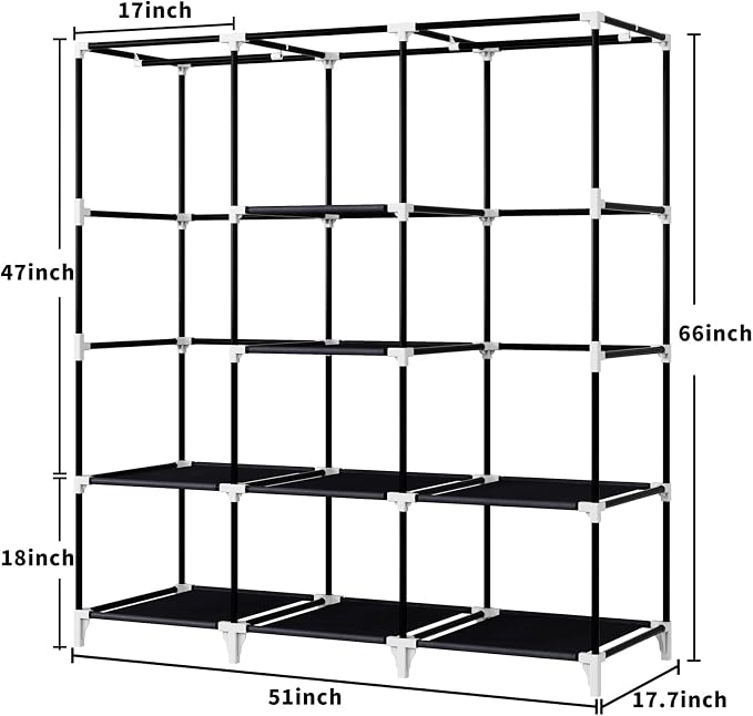 Portable Closet, Bedroom Wardrobe Closet for Hanging Clothes | 2 Hanging Rods, 8 Storage Organizer Shelves, Pipe Diameter 16mm, Durable and Easy to Assemble, Black - Image 4