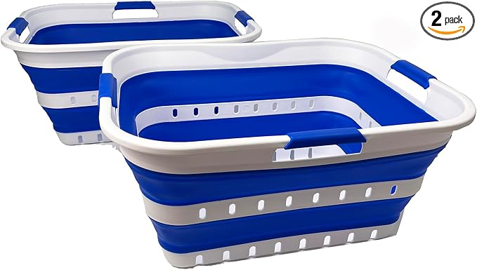 SAMMART 42L (11 gallons) Set of 2 Plastic Foldable Storage Basket/Container - Collapsible, Space Saving and Portable Laundry Hamper, Ideal for Home, Travel, Dorm (2, White/Dark Blue) by SAMMART