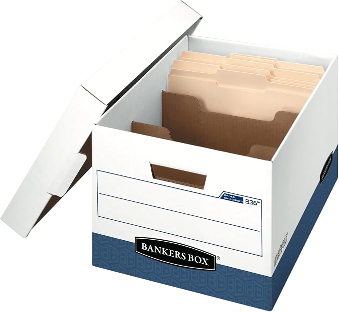 Bankers Box 12 Pack R-Kive DIVIDERBOX Heavy-Duty File Storage Boxes with Dividers, FastFold, Lift-Off Lid, Letter, White/Blue by BankersBox