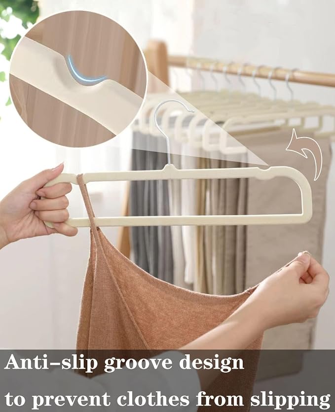 Pants Hangers Non Slip - 20 Pack Velvet Hangers for Closet - Thin Space Saving Clothes Hanger - Strong, Durable, Perchas Terciopelo with 360° Rotatable Hook for Jean, Tank Top, Bra, Shorts (Beige) - Image 6