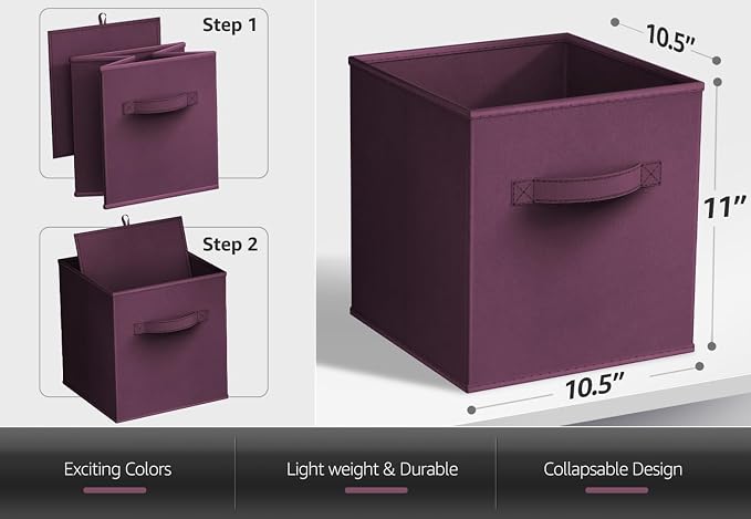 Sorbus Foldable Storage Cubes - 6 Fabric Baskets for Organizing Pantry, Closet, Shelf, Nursery, Playroom, Toy Box, Cubby - 11 Inch Dual Handle Collapsible Closet Organizers and Storage Bins (Purple) - Image 3