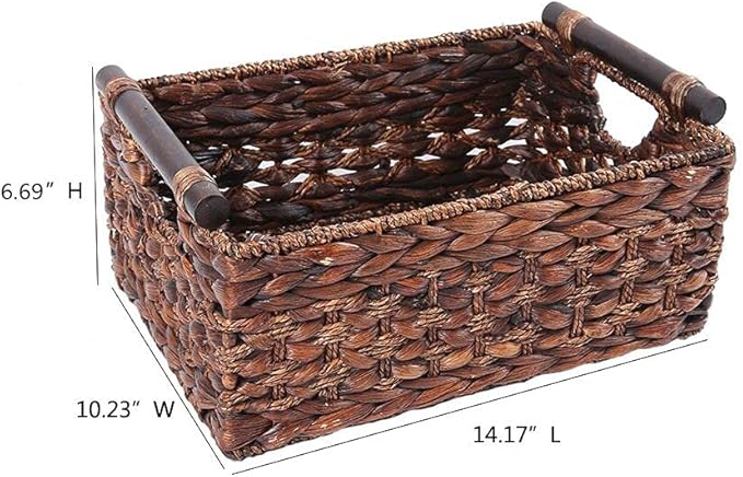 Water Hyacinth Wicker Storage Basket with Wood Handles, Large | Rectangular dark brown woven rattan basket, for shelves, kitchen countertops, closet, holds magazines, toilet paper - Image 5
