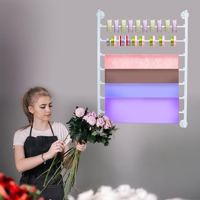 ikare Ribbon Storage Organizer,Wall Mounted Ribbon Organizer,Wrapping Paper Rack,7-Tier Metal Ribbon Storage for Craft Room,Flower Shop,Gift Wrapping Paper,White - Image 2