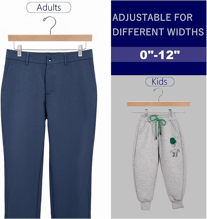 Amber Home 24 Pack Natural Wooden Pants Hangers with Adjustable Clips, 14" | Wood Skirt & Trouser Hangers, Closet Hangers for Bottom, Jeans, Slacks, Shorts - Image 3