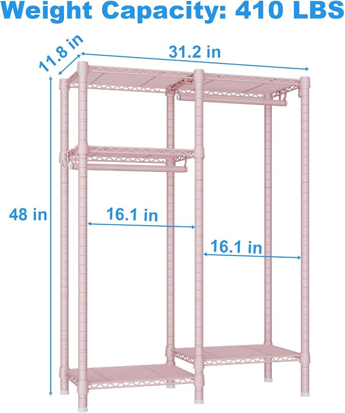 F1 Clothes Rack for Kids, Baby, Students, and Children's Room, 4 Tiers Portable Metal Closet Clothing Rack, Small Garment Rack with 2 Hanging Rod, 31.2" W x 11.8" D x 48" H, Pink | Clothing Rack for Baby and Children's Room, Small Freestanding Clothes ... - Image 3