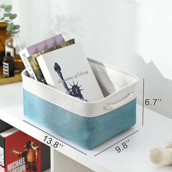 Fabric Storage Bins Baskets for Organizing,Sturdy Storage Basket W/Handles, Decorative Foldable Storage Baskets for Shelves Closet Nursery Toy (White&Teal, Medium - 3 Pack) - Image 6