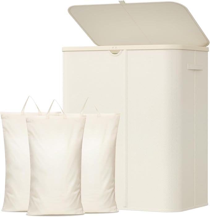 Lifewit 185L 3 Section Laundry Hamper with Lid, Laundry Basket, White | Large Foldable Laundry Sorter with 3 Removable Bags, Tall Clothes Hamper for Bedroom and Bathroom by Lifewit