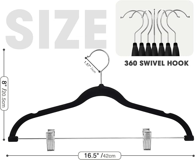 36-Pack Black Velvet Hangers with Clips Adjustable,Adult Hangers,Heavy-Duty,Felt,Non-Slip,Space Saving,Slim Outfit Hanger for Pants, Skirts, Suits,Coats, Dresses ect. - Image 2