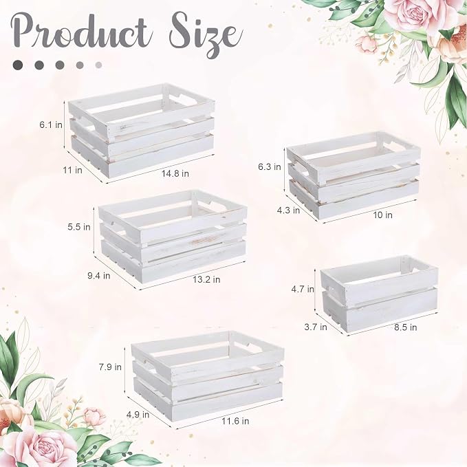 Soaoo 5 Pcs Decorative Nesting Wooden Crates for Storage Display 5 Size Large Small Rustic Wood Decorative Storage Crates with Handle Farmhouse Crate Box Container Made from Pine(Painted White) - Image 2