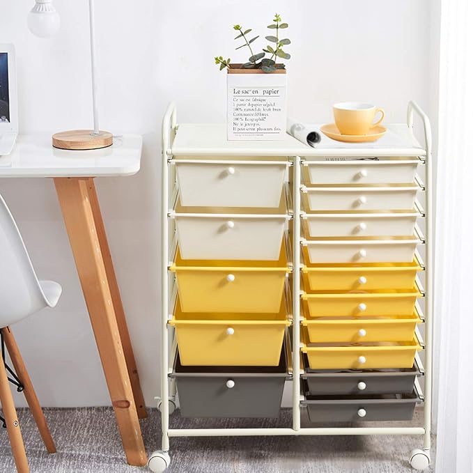 RELAX4LIFE 15 Drawer Rolling Storage Cart, Mobile Drawer Carts for Craft Art Supply Paper Salon, Utility Cart on Wheels for Classroom Teacher School Office, Rolling Cart with Drawers (Yellow) - Image 5