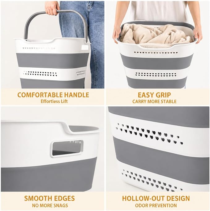 2 Pack Collapsible Laundry Basket, 42L Foldable Laundry Hamper with Comfort Handles, Upgraded Heavy-Duty Plastic Basket for Laundry, Space Saving Clothes Container for Dorm, Apartment & RV (Grey) - Image 4