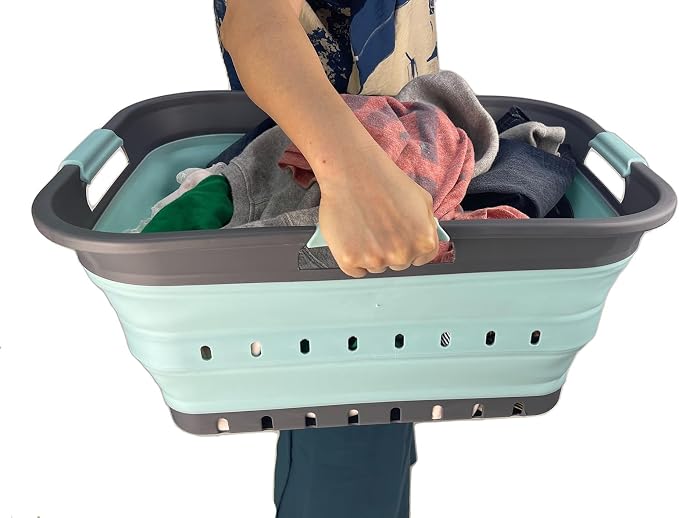 SAMMART 42 (11 Gallons) Collapsible Plastic Laundry Basket, Foldable Pop Up Storage Container/Organizer, Space Saving Hamper, Portable Bin for Dorm Room Bathroom (1, Grey/Lake Green) - Image 7