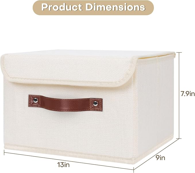 ANMINY Fabric Storage Box Bins with Lids, Beige, 13"x9"x7.9", 4 Pack | Keepsake Memory Storage, Cotton Linen, PP Board Reinforced, Washable, PU Handles, Foldable & Stackable, Decorative, Medium - Image 5