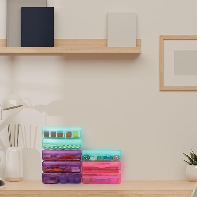 Fainne 24 Pack Clear Plastic Pencil Box,Turquoise, Purple, Pink | Stackable Organizer for School Supplies, Large Case for Crayons Markers, Snap-lid Keeps Stationery Secure, Bulk Set - Image 7