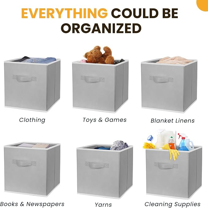 Large Storage Cubes, 13 Inch Cube Storage Bins for Shelves Closet Nursery Bedroom - 10 Pack Collapsible Storage Baskets with Handles - Fabric Bins for Organizing Magazines Clothes Toys (Grey) - Image 4