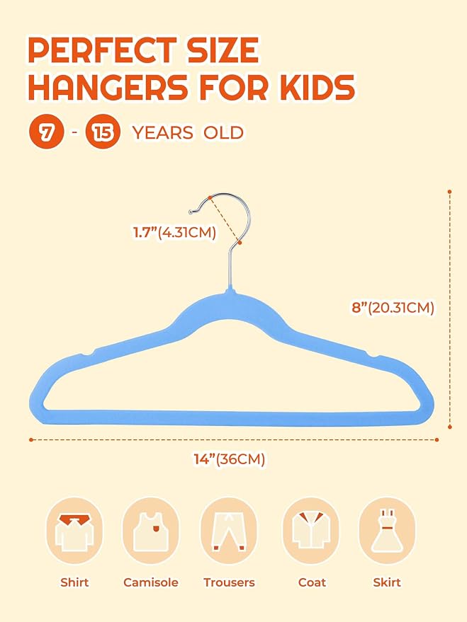 HOUSE DAY 14 Inch Kids Velvet Hangers 50 Pack, Durable Big Kid Hanger Blue | Children Hangers for Youth, Teen, Non Slip Kids Felt Hanger, Cute Small Hanger for Closet, Ideal for Everyday Use - Image 8