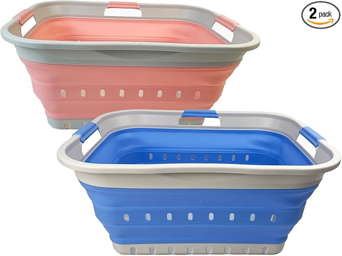 SAMMART 42L (11 gallon) Collapsible Plastic Laundry Basket - Foldable Pop Up Storage Container/Organizer - Portable Basket - Space Saving Hamper/Basket (2, Little Boy Blue+Quartz Pink) by SAMMART