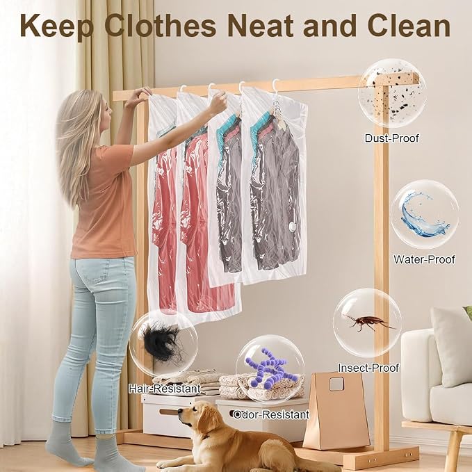 Flintronic Hanging Vacuum Storage Bags, 6pcs 110x70CM Vacuum Compression Zipper Storage Bags, Space Saver for Clothes, Suits, Dresses, Coats or Jackets - Image 5