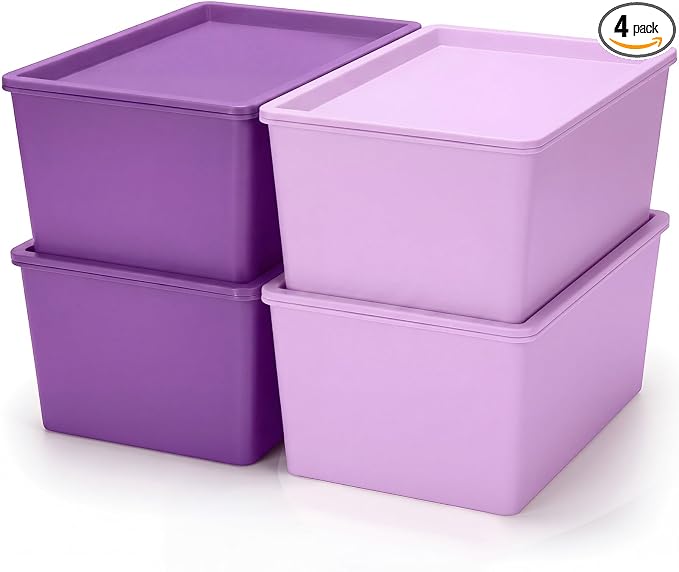 4 Pcs Storage Bins with Lids, Dark Purple, Light Purple, Small | Plastic Stackable Organizing Containers, Heavy Duty Storage Boxes for Classroom Room Shelves, Christmas Ornaments Baskets by Menkxi