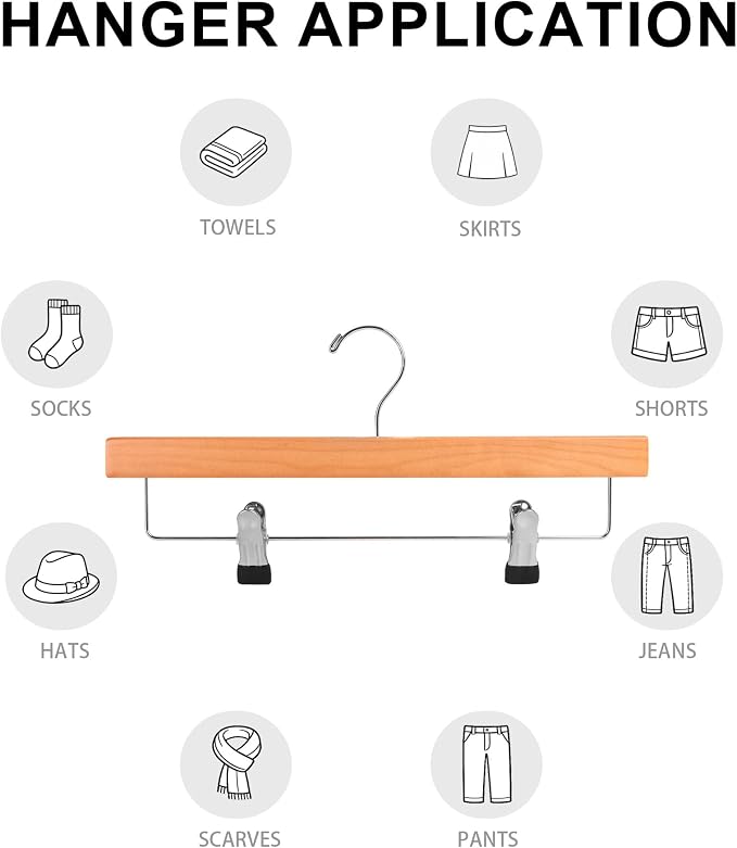 12-Pack 14" Wood Pants Hangers, Adjustable Non-Slip Clip, Natural Wood | Solid Wood Material, Bottom Hangers with 360° Swivel Hook, Space Saving Hangers for Skirts, Slacks, Trousers, Jeans - Image 6