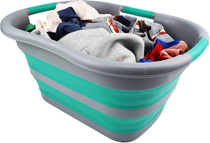 SAMMART 30L (7.9 gallon) Collapsible Plastic Laundry Basket - Foldable Pop Up Storage Container/Organizer - Portable Washing Tub - Space Saving Hamper/Basket (Dark Grey/Bluish-Green (Set of 2)) - Image 8