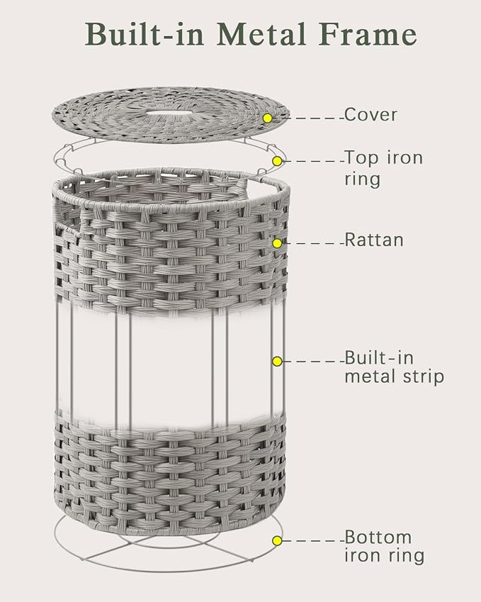 SETVSON Laundry Hamper with Lid Laundry Basket with Lid 19.0 Gal, Gray | Round Clothes Organizer with Lid, Removable Inner Liner Bag with Handles, 2 Mesh Wash Bags, Easy 5-Minute Assembly - Image 8